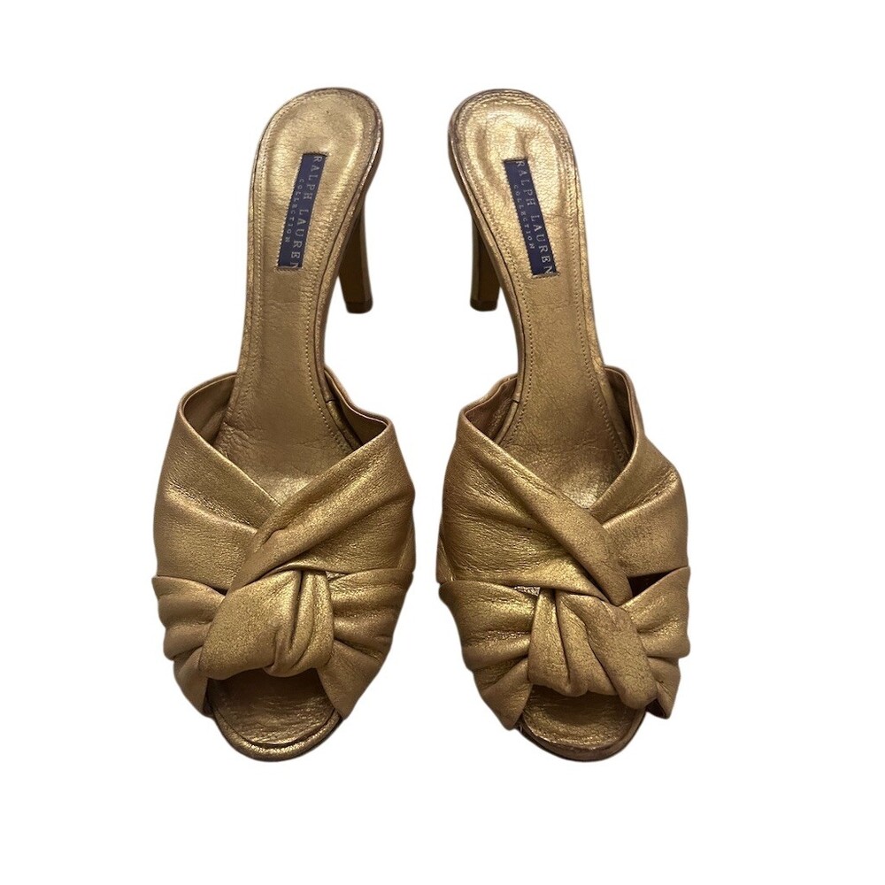 Ralph Lauren Collection Mule Heels Womens 8 Gold Metallic Knot Open Toe